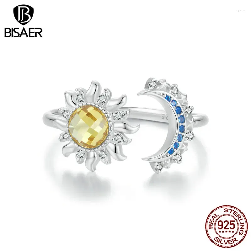 Clusterringen Bisaer 925 Sterling Silver Sun en Moon Open Ring Verstelbare maat 5-8 Band Plated White Gold For Women Party Fine Jewelry