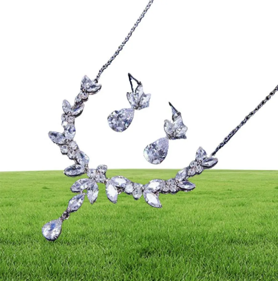 Ekopdee Luxus Brilliant Blattschmuck Set für Frauen Zirkon Silber Farbe Hochzeit Braut Halskette Ohrringe Parure Bijoux 2112049797718