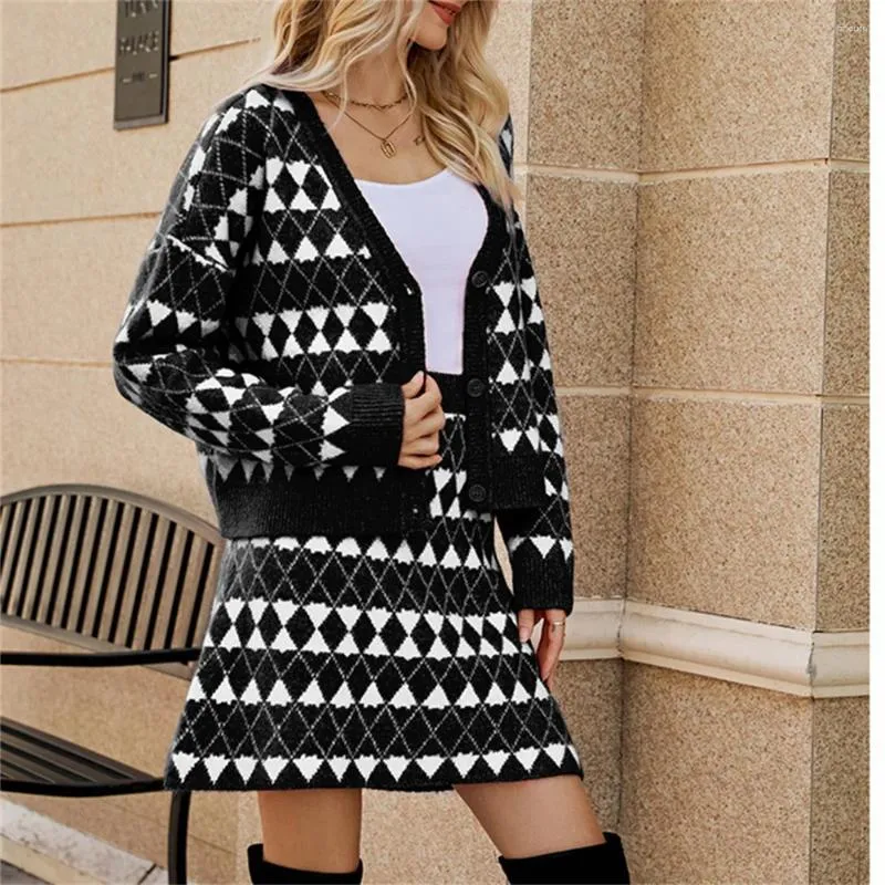 Work Dresses Retro Geometric Jacquard Cardigan Skirt Sets Two Piece Fashion Design Knit Matching Long Sleeve Top Outfit Women Streetwear