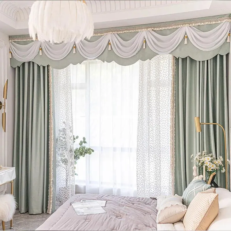 Cortina tamanho personalizado de cor sólida de cor sólida verde Jacquard cortinas de luxo para sala de estar para quarto de jantar tule tulle valance window renda decoração