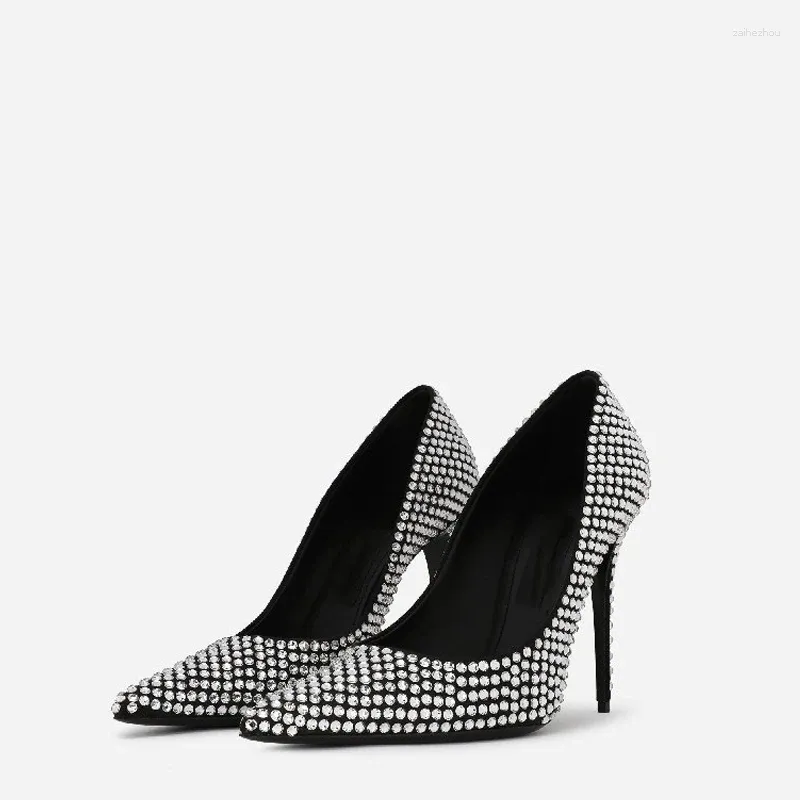 Dress Shoes Black Leathe Pointed Toe Pumps Shiny All Rhinestone Luxury Design Stiletto High Heels Sexy Bling Crystal Wedding 42