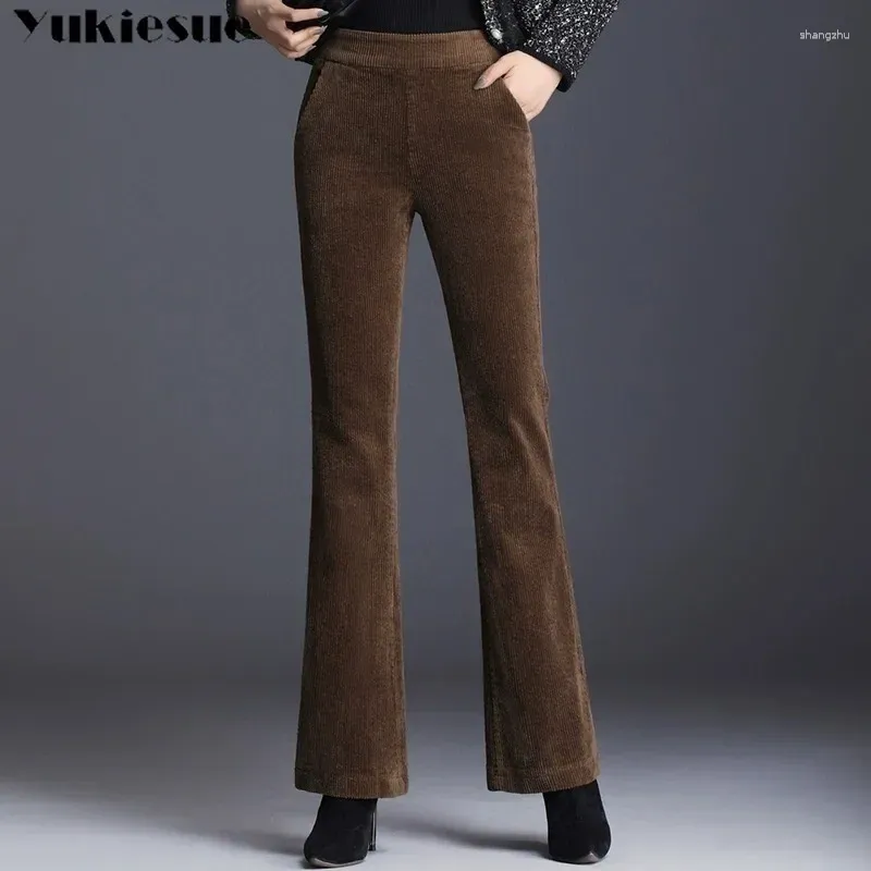 Women's Pants Spring Autumn Bell-Bottomed Pantalones Office Lady Slim Corduroy Warm Vintage High Waist Flare Pant Women Skinny Trousers