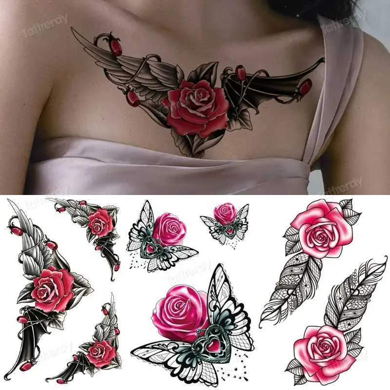 Tattoo Transfer Waterproof Temporary Tattoo Sticker Butterfly Flower Wing Fake Tatto Big Tatoo Tatouage Temporaire Back Chest for Women Girl 240426