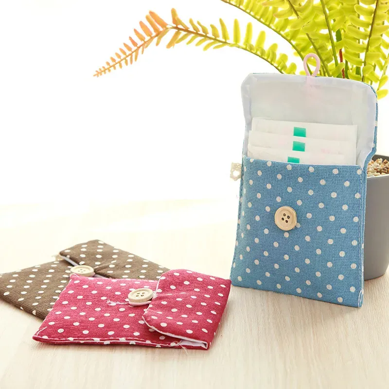 Sanitary Napkin Storage Bag Dot Cotton Linen Sanitary Pad Pouch Aunt Towel Bags Button Open Packaging Coin Purse Jewelry