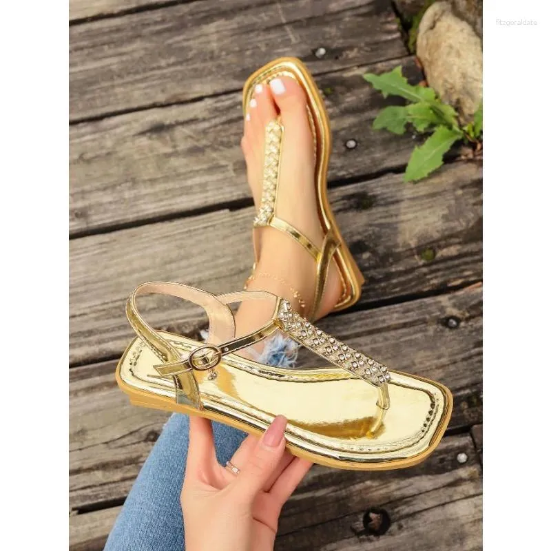 Casual Shoes Diamond-encrusted PU Thong With Stitching And Pin Buckle Women's Sandals Gold Square Toe Low Heel 2024 For Women