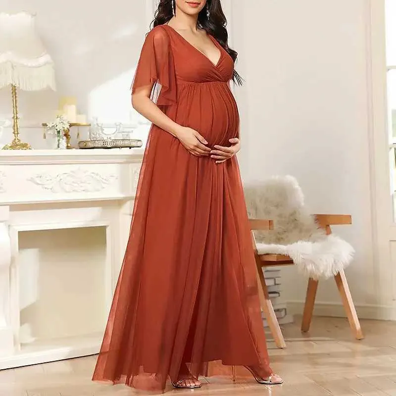 Robes de maternité Elegant Robe Evening V-Neck Solid Ball Baby Shower Mom Photography Q240427