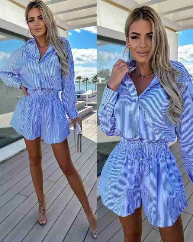 Basic Casual Dresses Designer Dress Women's New INS Casual Fashion Stripe Shirt Shorts Set