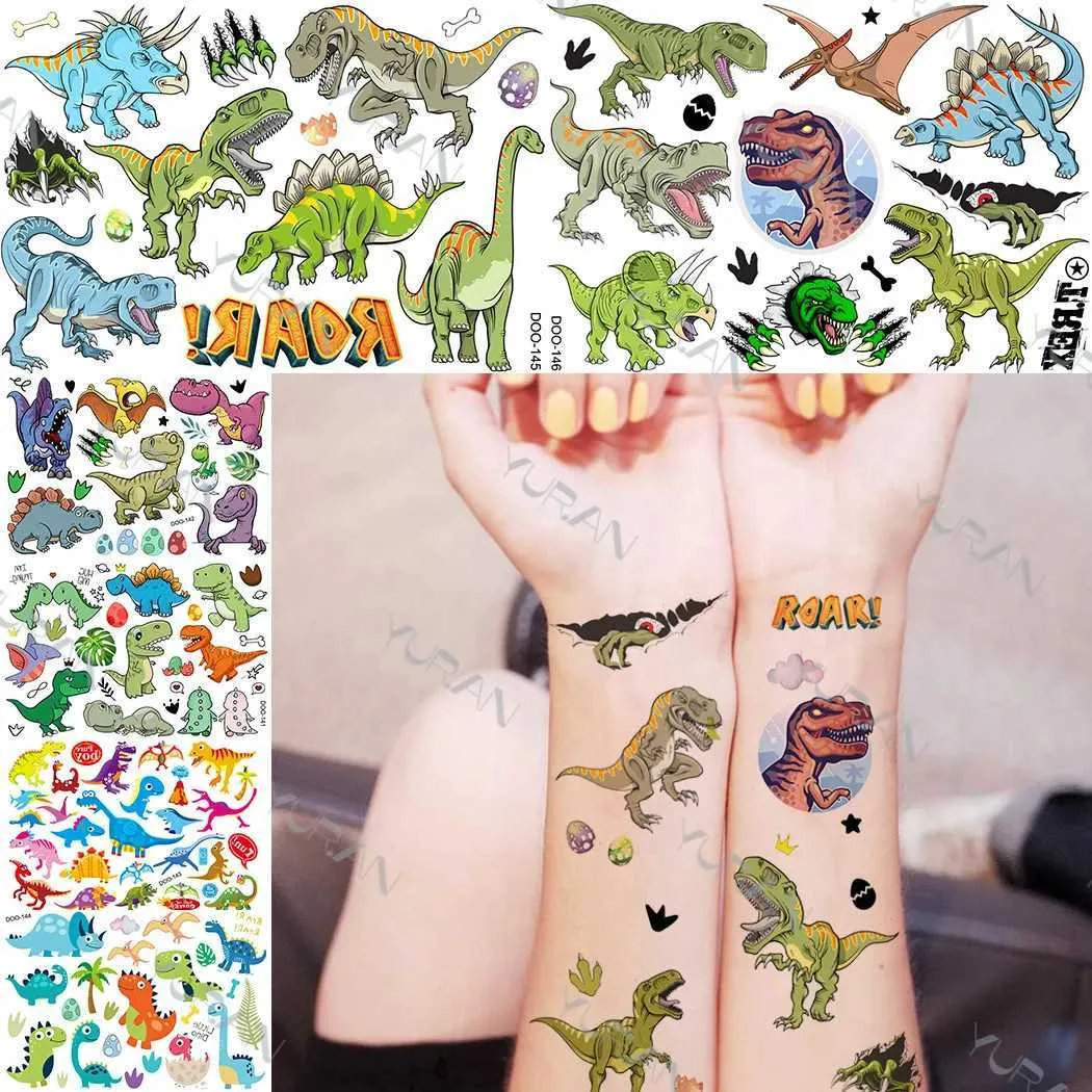 Tattoo Transfer Realistic Roaring Dino Temporary Tattoos Sticker For Boys Girls Flash Jurassic Tattoo Cute Fake Cartoon Body Art Tatoos For Kids 240427