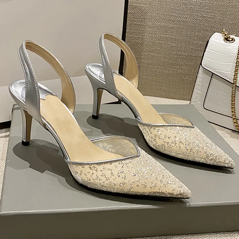 Silver High Heels Sandals Shoes For Woman 2024 New Fashion Mesh Sequin Summer Hollow Bridal Wedding High Heels Silver Sandals Party Point Toe Luxury Women Shoes Shoes