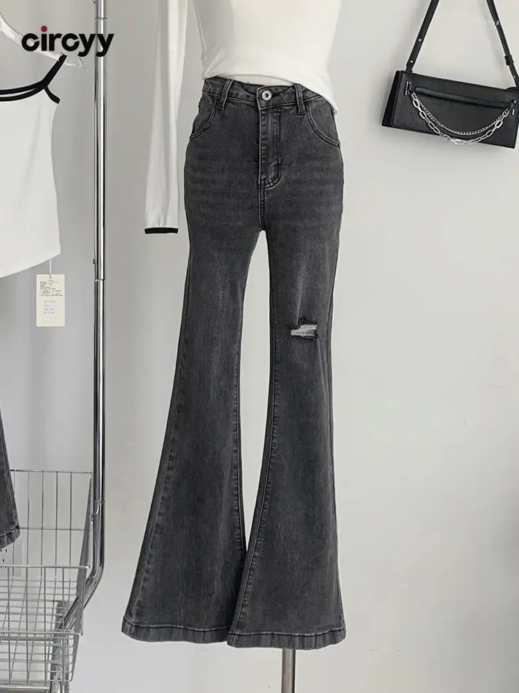 Les jeans pour femmes circyy déchirés pour les femmes hautes tauches à taille taille lavée gris skinny street streetwear 2024 Fashion Girls Y2k