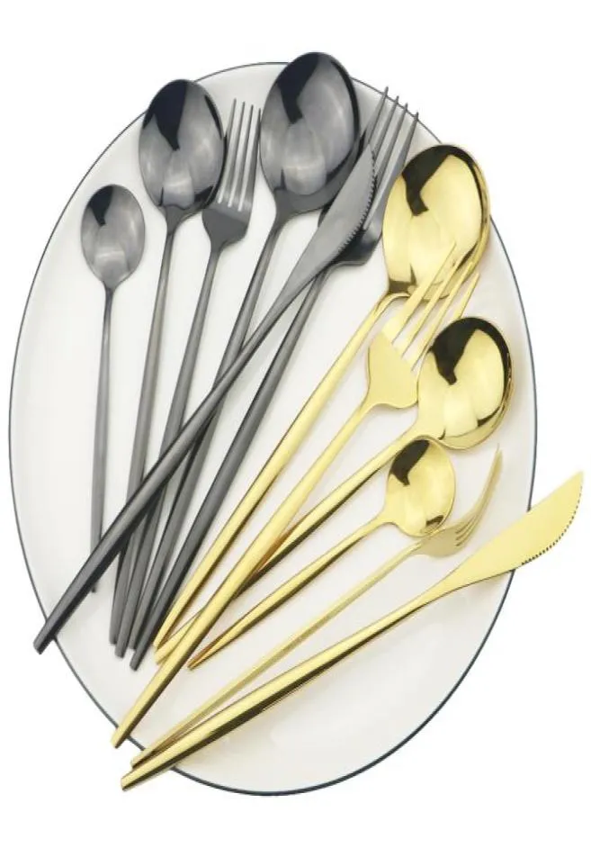 6PCSSet Black Nowerware rostfritt stål Cutlery Set Knives Dessert Fork Dessert Spoons Tea Spoons Dinner Silverware Kitchen Tabl9429496