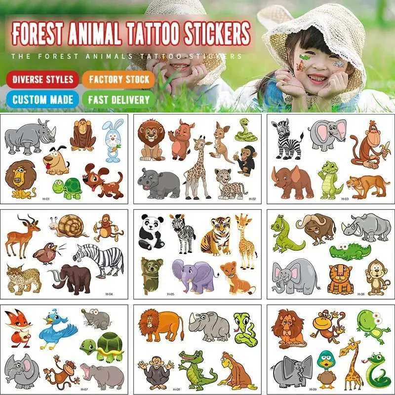 Transfert de tatouage 12 Animaux Stickers de tatouage Simulation Cute Girafe Forest Friends 3d Temporary Imperproof Stickers Cartoon Stickers Set 240426