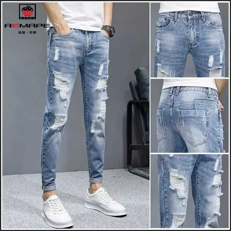 Jeans maschile New Fashion Elegante maschile da cowboy maschile con buchi strappati in difficoltà Summer Streetwear Denim Hok Pants Maschio Q240427