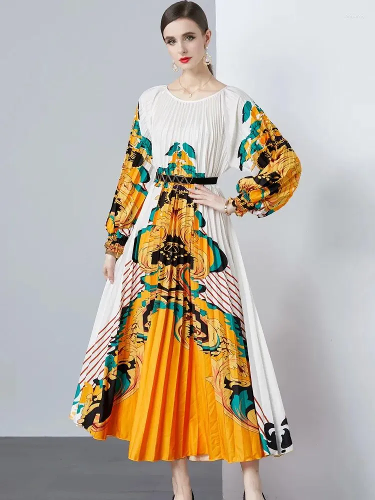 Casual jurken mode print geplooid Long Maxi oversized vakantie jurk dames o nek los groot formaat vintage feestvestidos