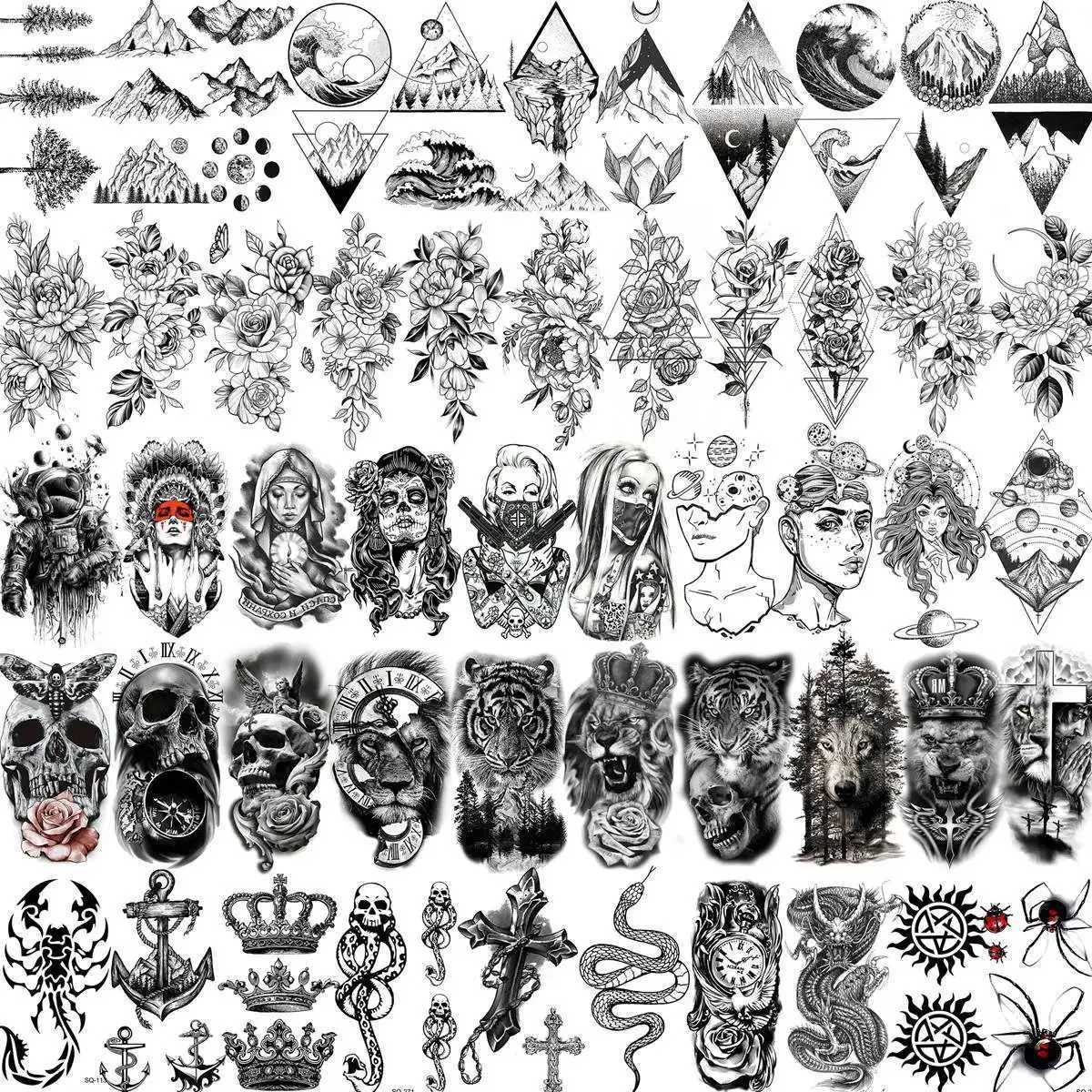 Trasferimento di tatuaggi 52 fogli cranio nero tatuaggi temporanei per uomini donne braccia tatuaggi in pasta falsa fiore di montagna animali 3D tatuaggi 240427