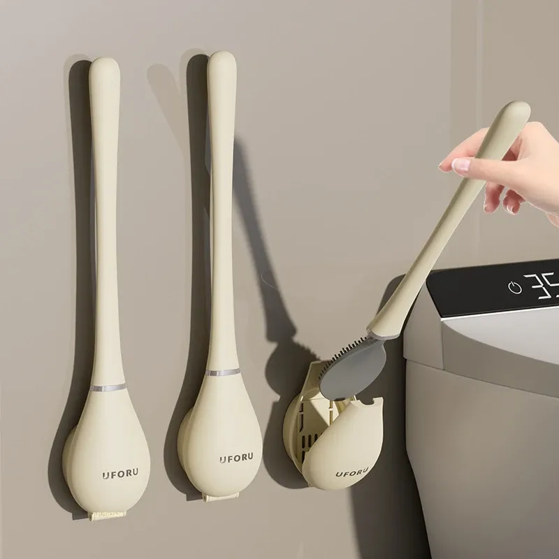 Borstar lång hanterad silikon toalettborste med dräneringshållare platt huvud flexibla mjuka borst rengöringsborste för badrum