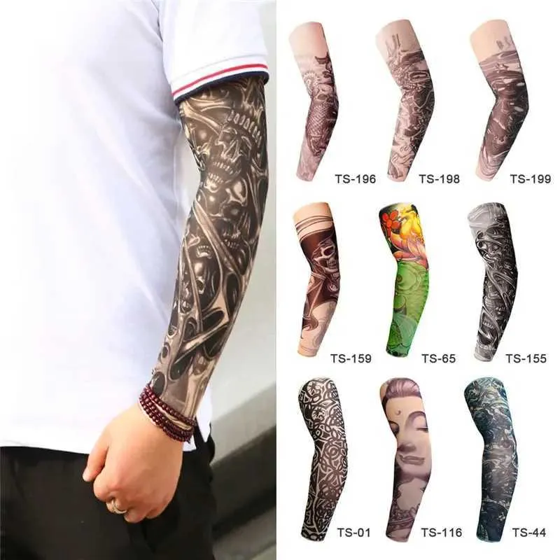 Transfert de tatouage Faux manches de tatouage temporaires tatouages Full long glissement sur le bras Kit de manche de tatouage Men Men de gant de nylon élastique Tatouage Black Skull Design 240427