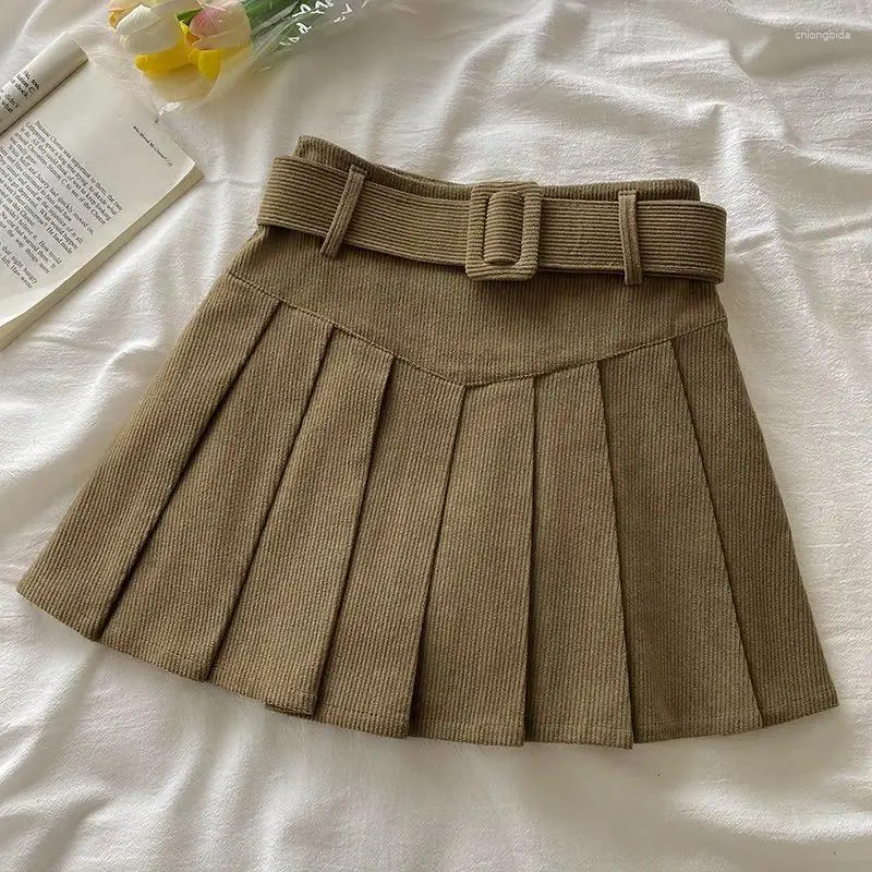 Skirts Autumn Winter Solid Color Fashion Belt A-line Skirt Women High Street Casual Sexy Mini Youth All-match Chic Pleated
