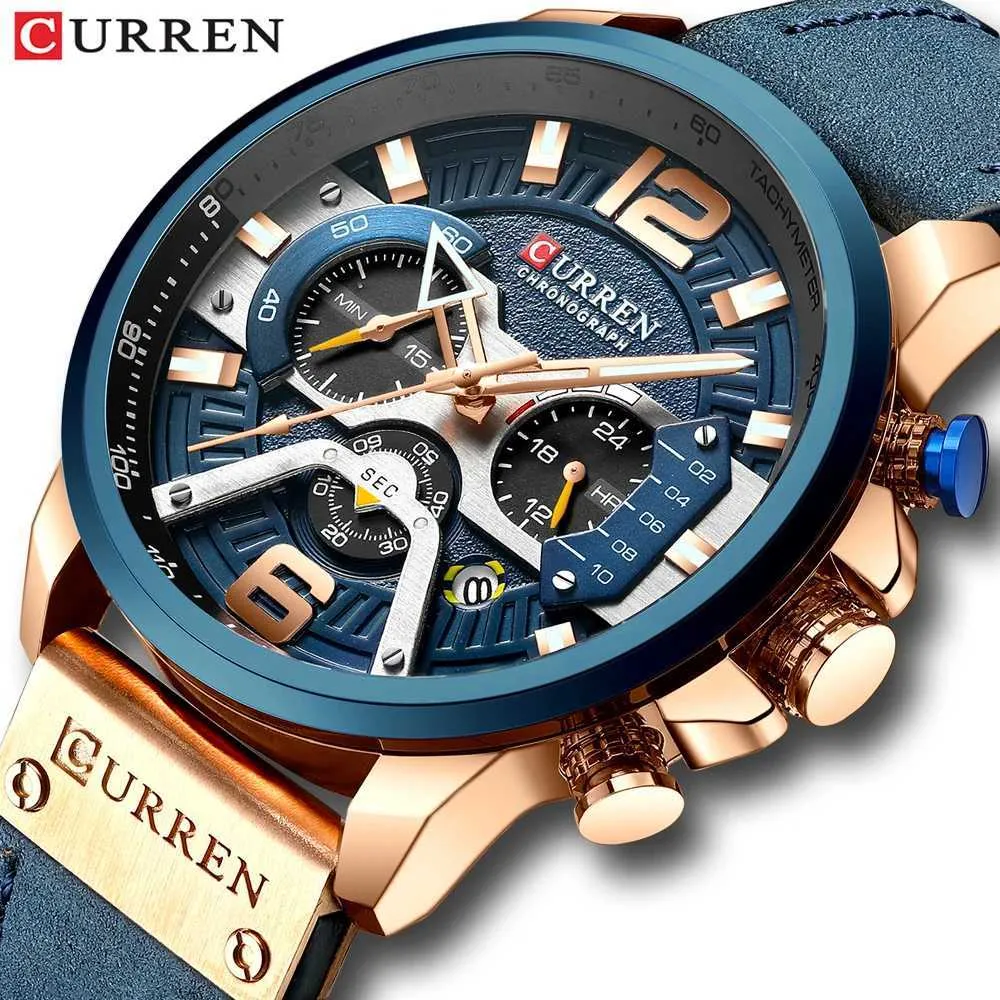 Relógios de pulso Curren Mens Casual Sports Sapatos Blue Top Luxo Militar de couro Militar Watch Mens Assista Moda Timing Watch Q240426