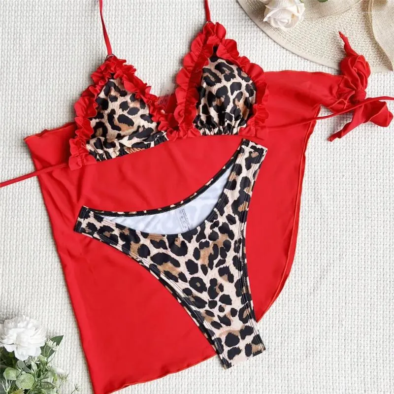 Set di bikini da bagno femminile set sexy stampato leopardo cazzo a 3 pezzi da donna brontolone a triangolo con costume da bagno