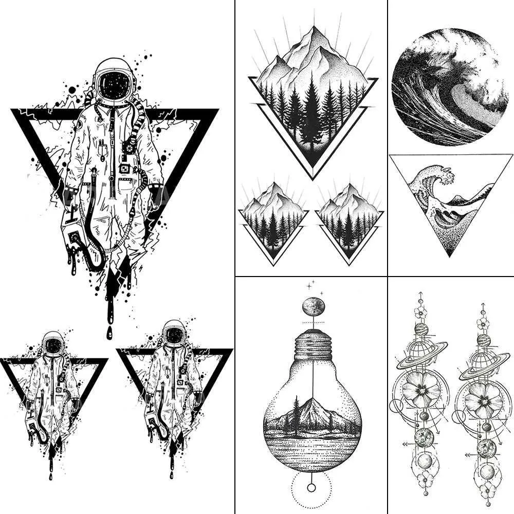 Tatuaż transfer fanrui czarny trójkąt tatuaże tymczasowe kobiety geometryczne ramię astronauta sztuka tatuaż naklejki planety tatuaże tatuaże