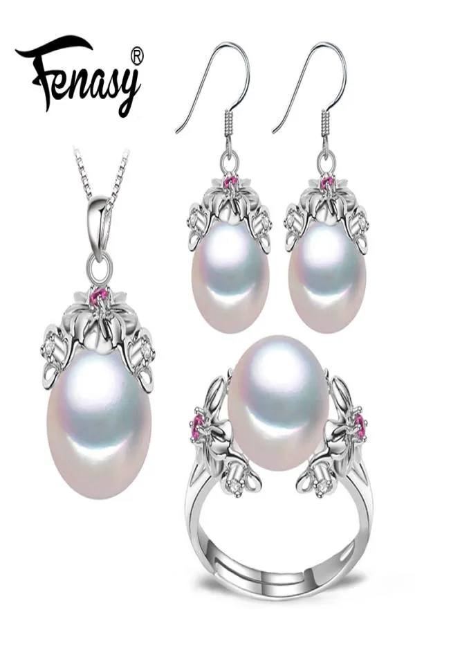 Fenasy 925 Sterling Silver Natural Pearl Ruby Jewelry Sets For Women Vintage Dangle Earrings Bohemian Flower Necklace J1907183733776