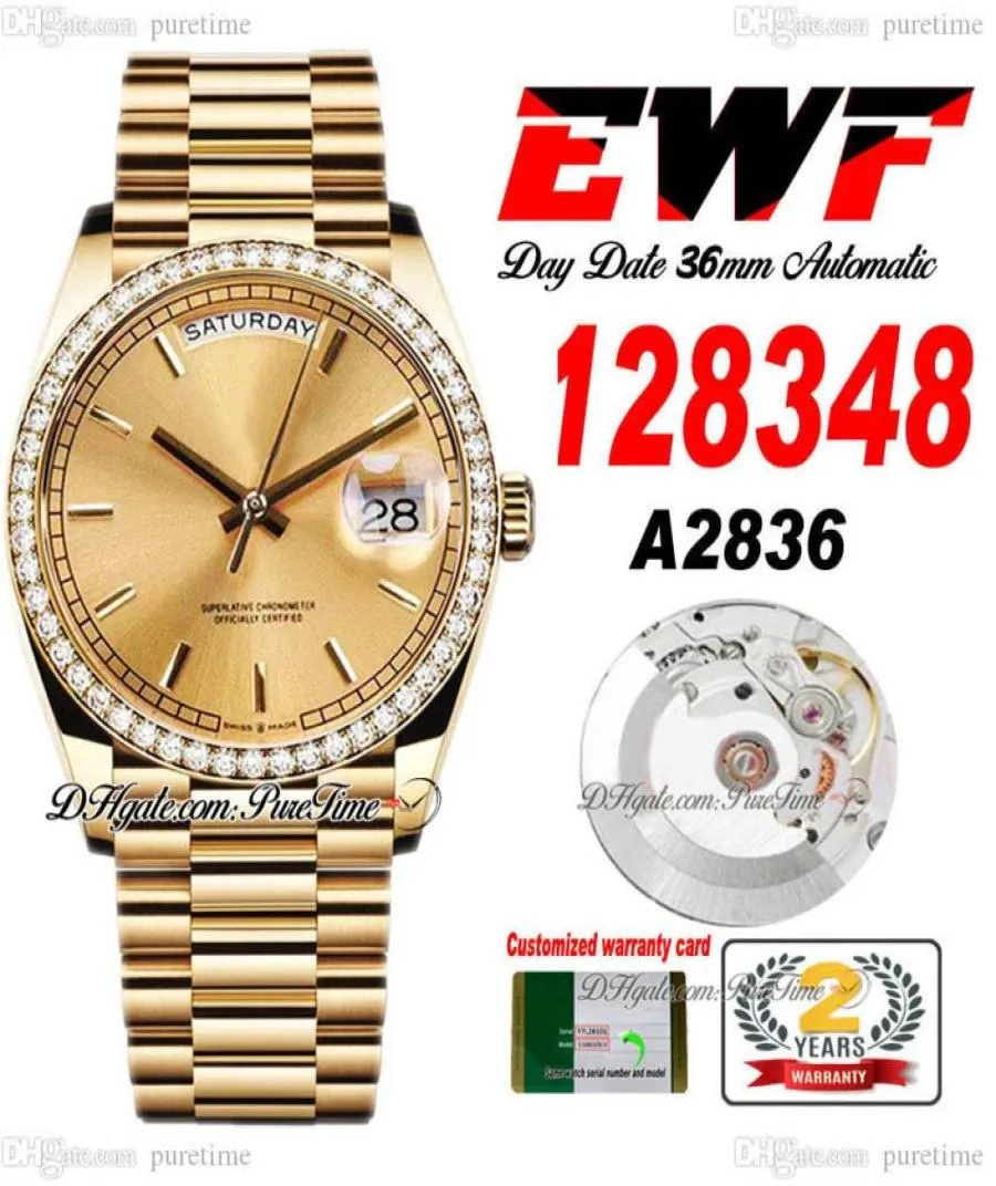EWF DAG DATUM 128348 A2836 Automatisk unisex -klocka Mens Ladies YG Diamonds Bezel Champagne Stick Dial Presidential Armband Samma Ser8903672