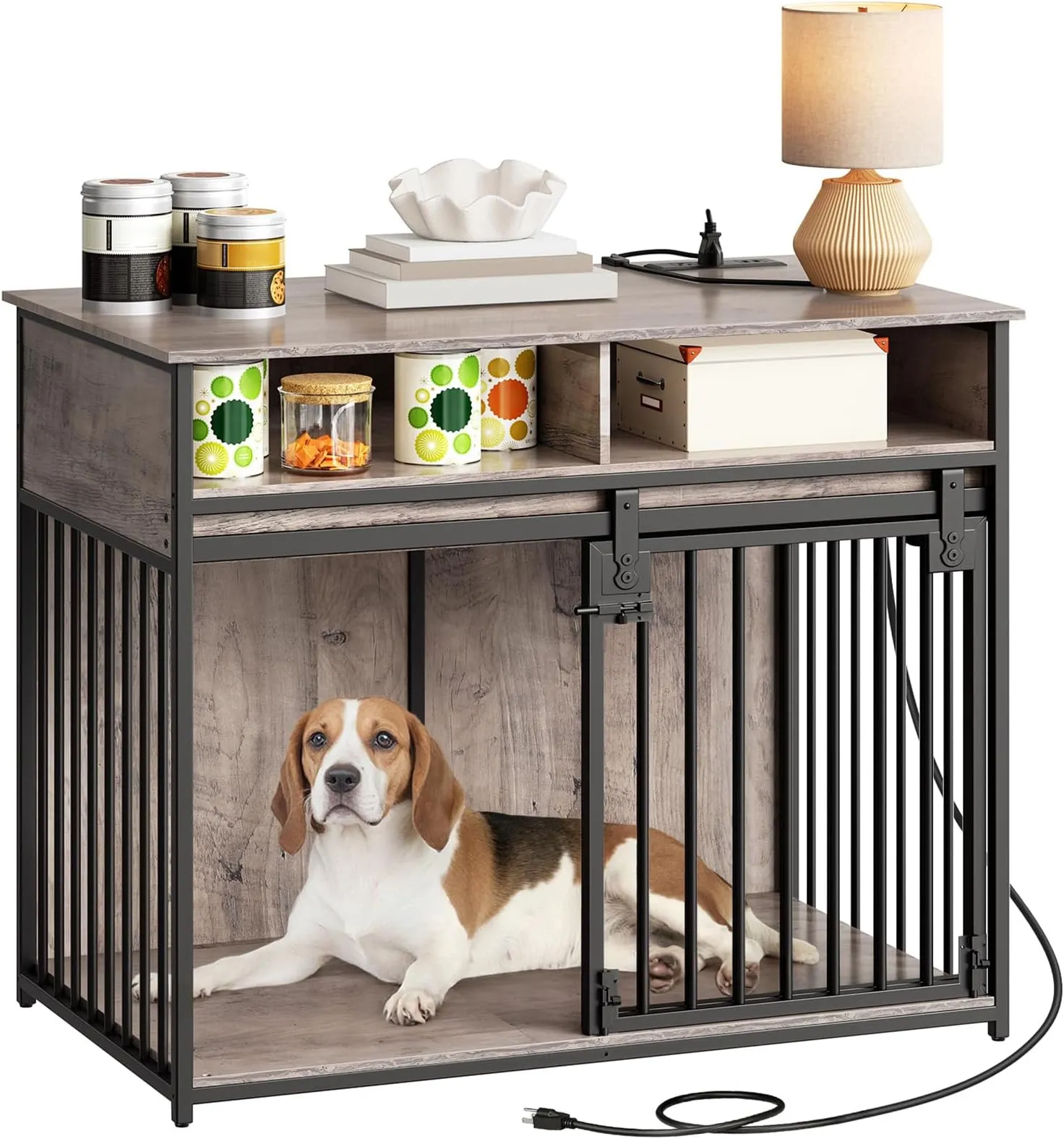 Large Dog Crate Furniture with Charging Station, Sliding Barn Door Design,  42-Inch Kennel Shop Now!