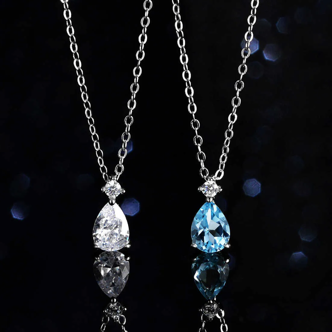 Topaz Natural Blue Mossan Diamond ketting hanger vrouwelijke sterling sier one geometrische waterdruppel sleutelbeen ketting live uitzending