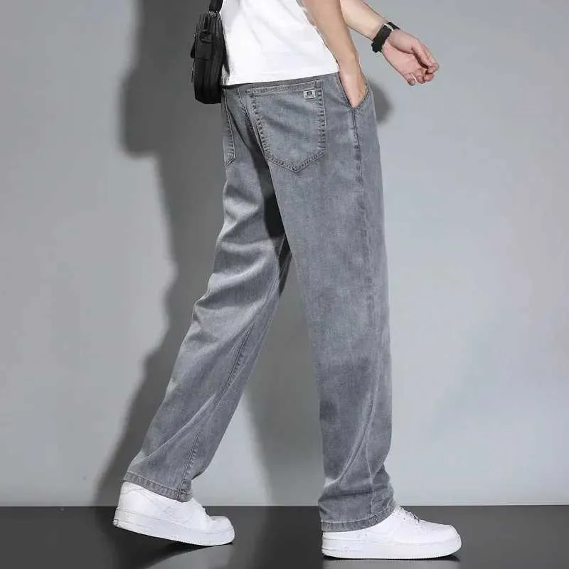 Men's Jeans Summer thin mens straight loose gray jeans soft fabric Lyocell light casual pants brand Trousers Q240427