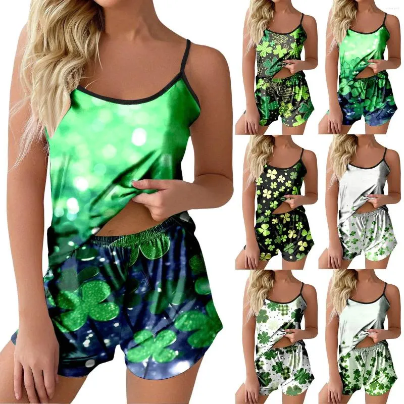 Kvinnors sömnkläder St. Patrick's Day Pyjama Ställer in kvinnor roliga klöver tryckta shorts Top Home Sleeveless Casual Clothes Pijama Mujer