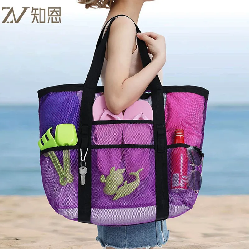 Sac de plage de baignade d'été Sac de rangement en maillage grand sac de toilette transparent en maille à une épaule à traiter en fonction du dessin