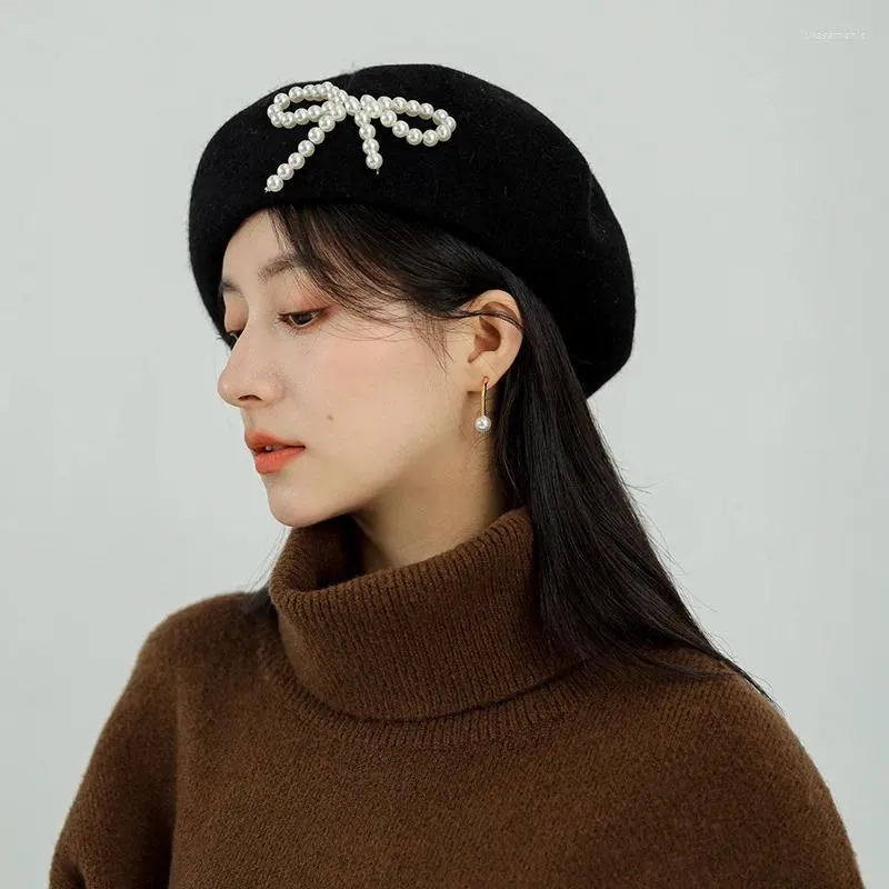 Berets Pearl Bowknot printemps et automne femmes adultes artiste vintage peintre cachemire fur beanie béret laine fille chapeau avec