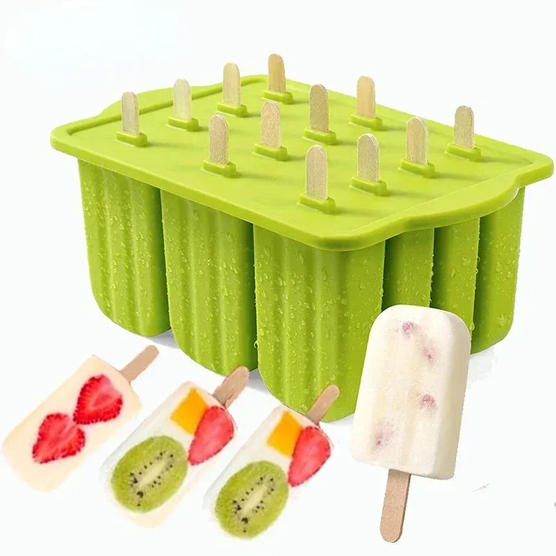 Verktyg 12 Cavity Food Grad Silicone Ice Cream Mold With Cover DIY Popsicle Box Lolly Mold dessert Ice Cube Tray Maker Kitchen Gadgets