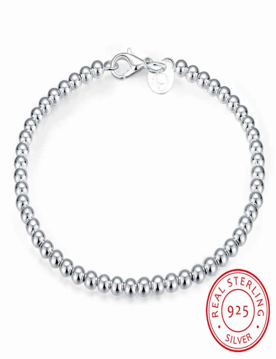 100 925 Solid Real Sterling Silver Fashion 4mm Beads Ball Chain Armband 20cm för Teen Girls Lady Gift Kvinnor Fina smycken7747210