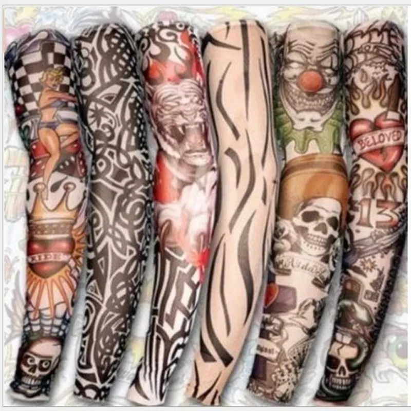 Tattoo Transfer 1pc hot sale tattoo sleeve styles elastic Fake 100%nylon Arm stocking beloved girl Buddha Wolf Dragon design halloween cool men 240426