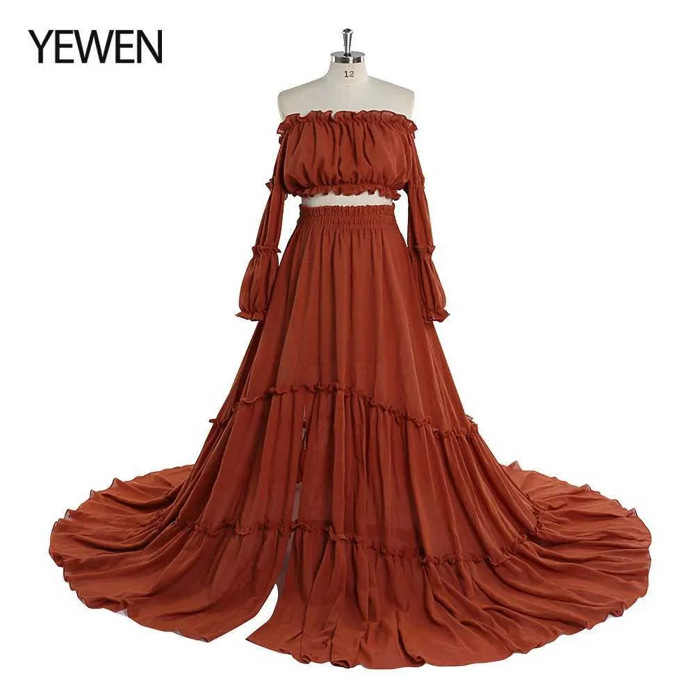 Maternity Dresses Elegant Shoulder Pregnant Dress Photography Long Elastic Waist Bohemian Skirt YEWEN YW220912 Q240427