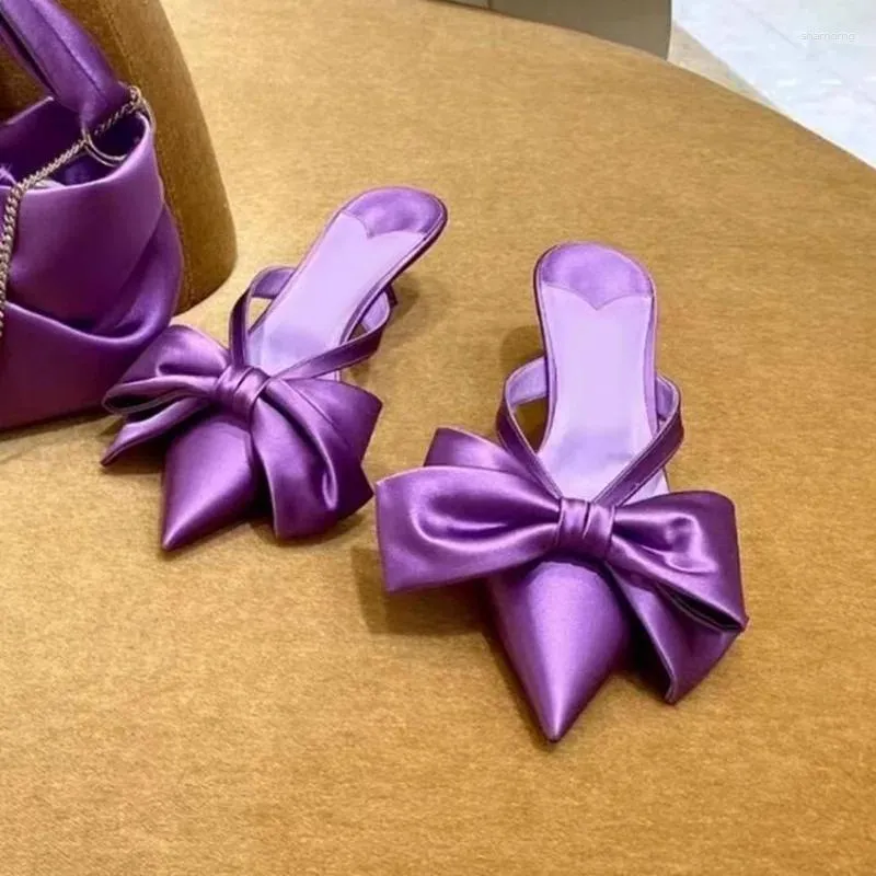 Casual Shoes Purple Satin Butterfly Pointed Toe Women Mules Bow Tie Knot Low Heels Mesh Sandals Elegant Evening Club