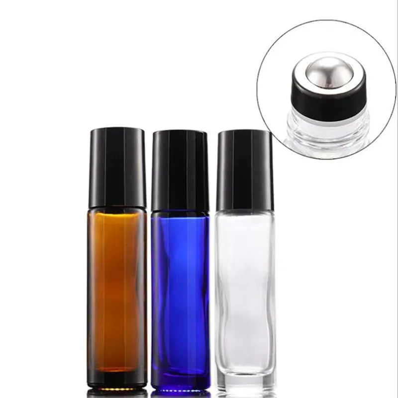 Wholesale Thick 10ml Glass Roll on Bottles Amber Blue Clear Empty roller ball perfume bottles With Black Lids 