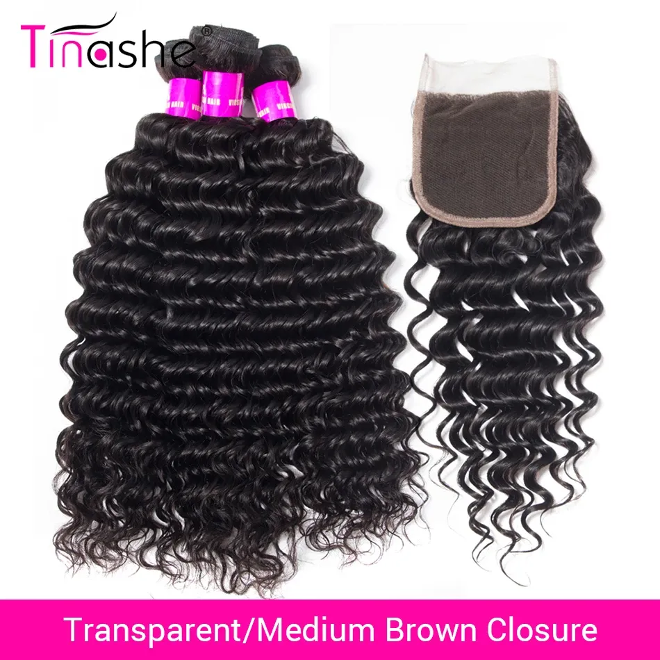 가발 Tinashe Hair 브라질 딥 웨이브 번들 클로저 HD 투명 레이스 클로저 Remy Human Hair Curly 3 번의 묶음.