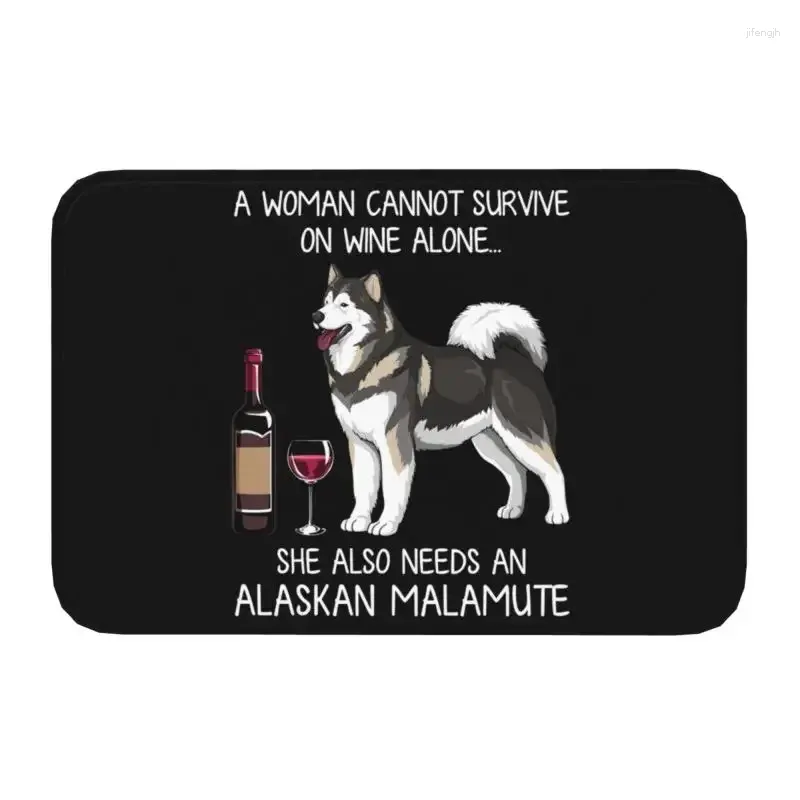 Carpets personnalisés Alaska Malamute et vin drôle de chien drôle de chien Mat anti-glissement Amoureux du salon de la cuisine animale.