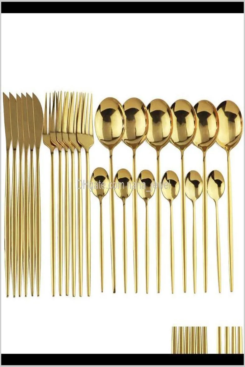 Sets Kitchen Dining Bar Home Garden Drop Delivery 2021 24Pcs Gold Tableware Stainless Steel Dinnerware Knife Fork Spoon Flatware1725261