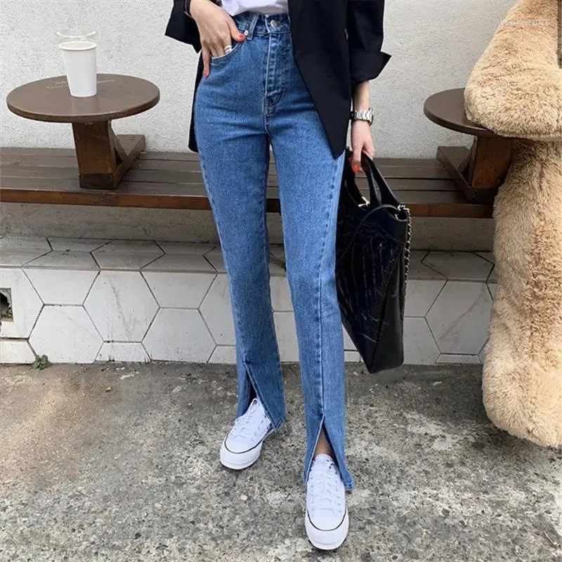 Jeans féminins Blue Streetwear Split 2024 de haute qualité élégant Fashion Chic Femmes Femmes décontractées Pantalons de fustile denim mince