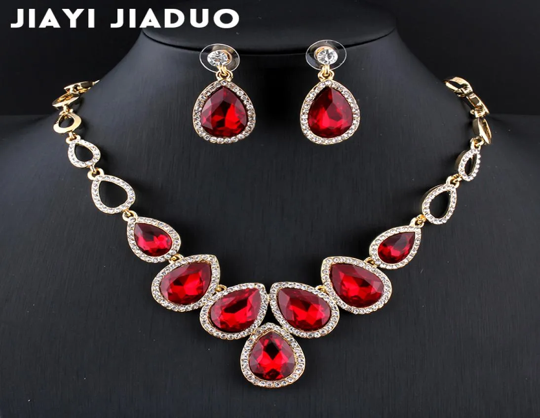 whole jiayijiaduo african Jewelry set Goldcolor cystal necklace set and earrings for women Red crystal wedding jewelry6542557