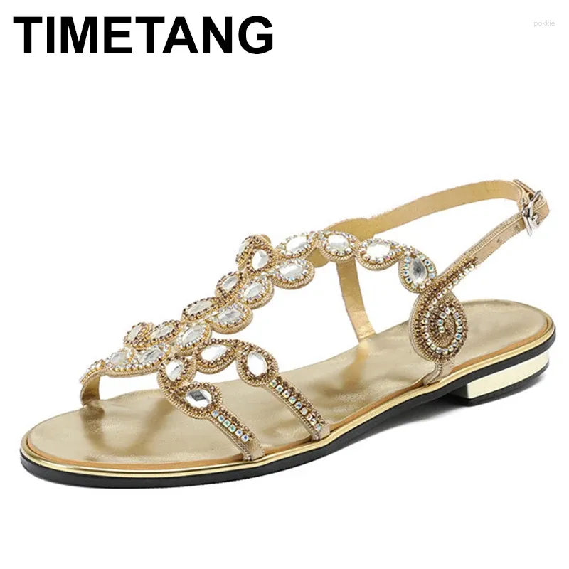 Buty zwykłe Timetang 2024Summer Rhinestone Elegancki duży rozmiar klamry paska diamentowego Złote Srebrny Czarny Gruby Sandalse