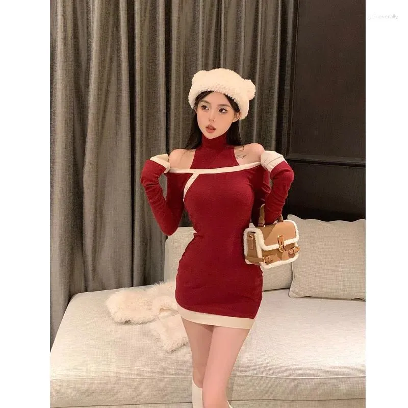 Casual Dresses Pure Sexy Girl Christmas Halter Neck Dress For Women Autumn/Winter Slim Fit Long-sleeved Wrap Hip Short Feamle Clothes