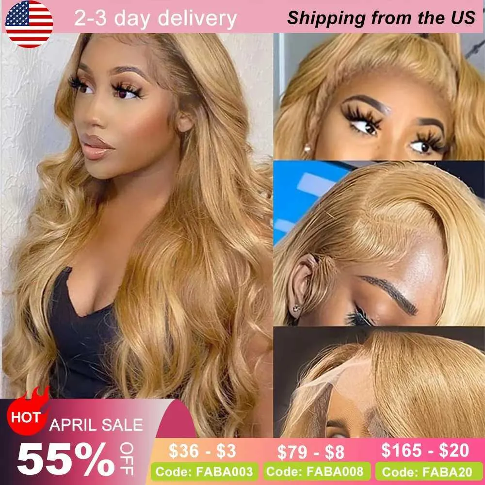 Synthetic Wigs Honey Blonde Body Wave Human Hair 13x4 HD Transparent Lace Front Wig #27 Brazilian Baby Q240427