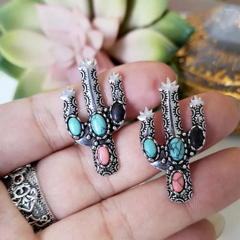 Stud -oorbellen retro kleurrijk S Stone Boho etnische antieke zilverkleur gesneden metalen vork cactus voor vrouwen