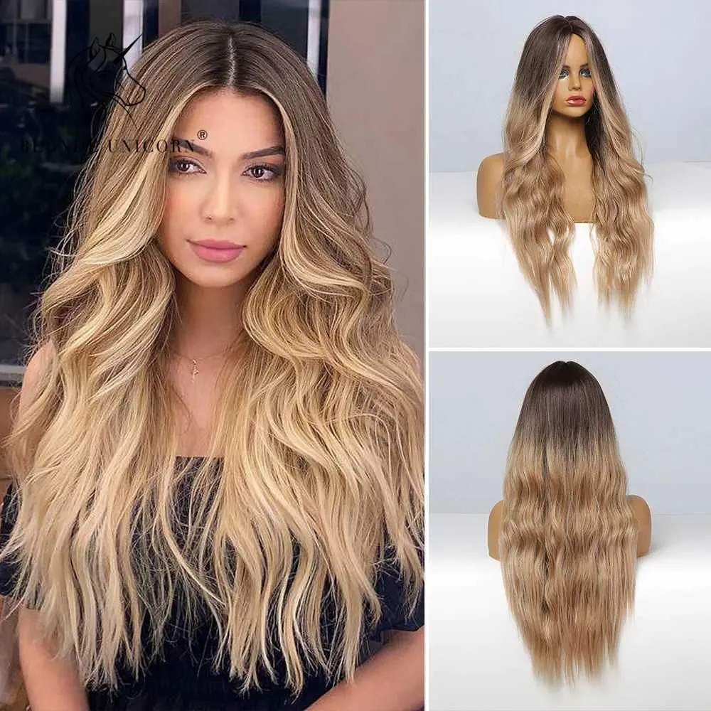 Synthetische pruiken goudharige eenhoorn synthetische pruik Ombre blond blond bruin lang gesplitste haar dames natuurgolf warmtebestendige vezel Q240427