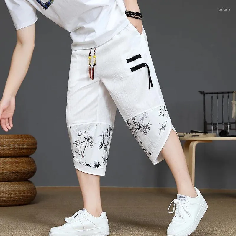 Męskie spodnie HARAJUKU Summer luźne cielę długość swoboda mężczyźni szerokie nogi jedwabne drukowanie workowate duże spodnie